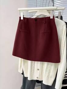 Franclia Minimalist Commuter Spring/Summer New Versatile Fashion A-Line Waist-Flattering Fitted Niche Design Black Skirt For Women - Burgundy - View 3