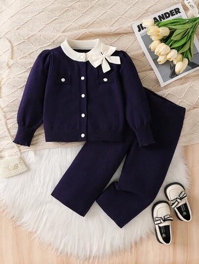 Baby Girls' New Sweater Co-Ords - Sweet Heavy-Duty 3D Handmade Bow Outfit, Loose Versatile Knit Cardigan+Pants Two Pieces Set, Soft Cute Long-Sleeve Sweater Set For Infants, Suitable For Daily Wear/Outings, Autumn/Winter Autumn And Winter Two Piece Suit Baby Girl School Uniform Toddler Two Piece Sets Baby Sailor Navy Outfit Two Piece Winter Outfits For Toddler Girl Toddler Girl Outfit Baby Girl Outfit