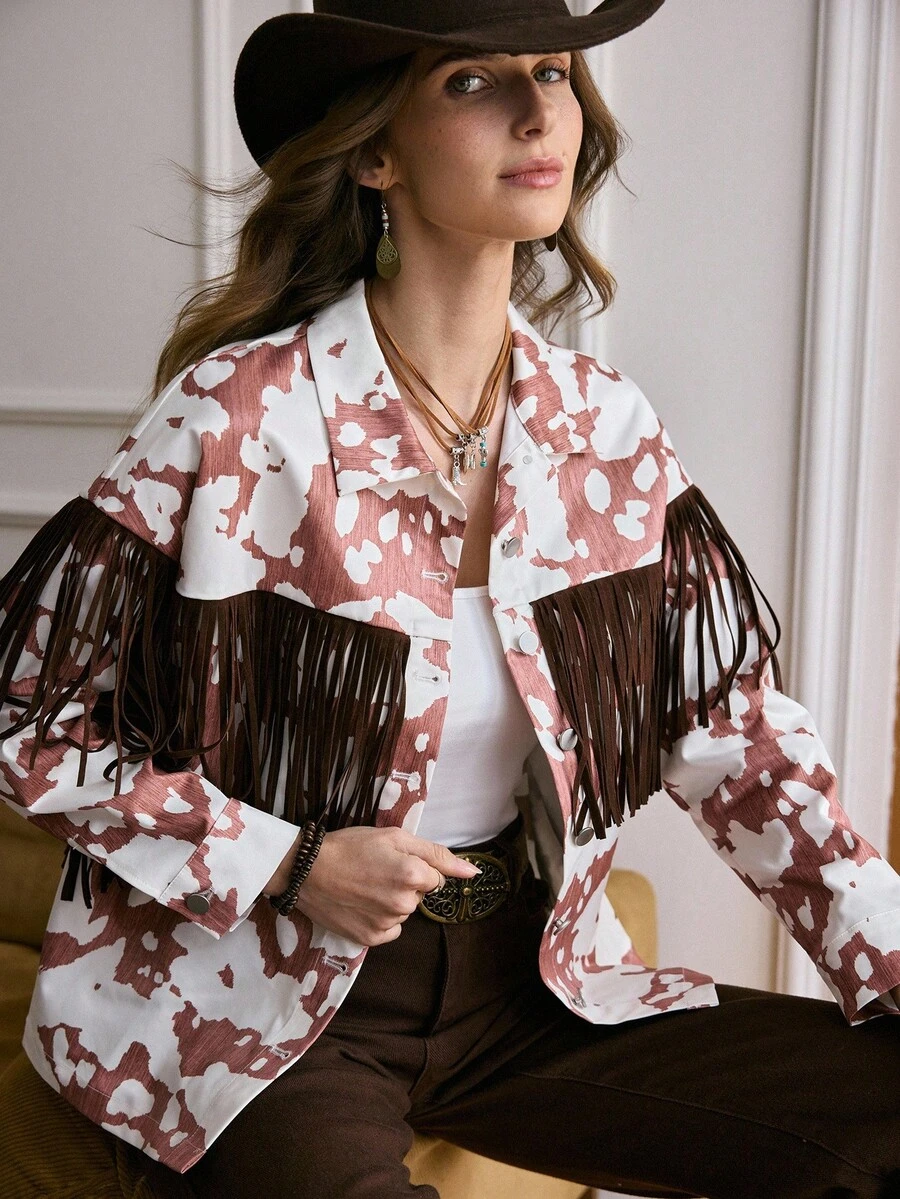 SHEIN LUNE LanaWest Women's Western Casual Denim Jacket With Cowboy Print And Fringe - Brown - View 1