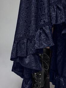 ROMWE Goth Women's Vintage Palace Dark High Waist A-Line Jacquard Patterned Front Short Back Long Skirt - Navy Blue - View 12