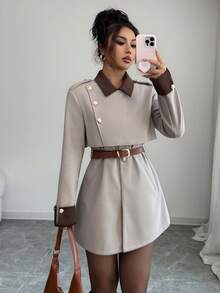 SHEIN PETITE 女士优雅奢华时尚厚外套，不含腰带 - 淺灰色 - 查看 5