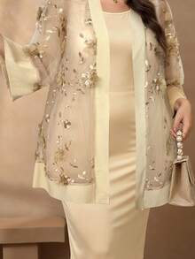 Chikora Bộ đồ 2 món cỡ lớn cho nữ, áo cardigan thêu màu trắng thanh lịch và chân váy maxi 2 mảnh, phù hợp mặc thường ngày, đi làm và đi chơi - Màu be - Xem 7