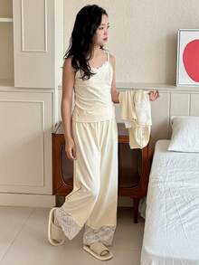 DAZY 3件套/少女套装：吊带背心+外套+裤子休闲套装，秋季 - 杏色 - 查看 8