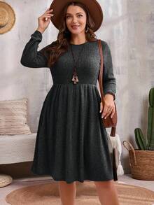 EMERY ROSE 大码纯色圆领口袋休闲长袖秋季连衣裙 - 灰色 - 查看 5