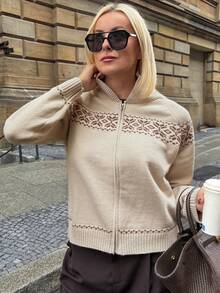 Vivie Lora Cárdigan de punto casual de mujer con cuello y estampado geométrico - Beis - Ver 3