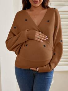 SHEIN Pregnant Women's Casual Heart Embroidery Batwing Sleeve Wrap Sweater, Autumn/Winter