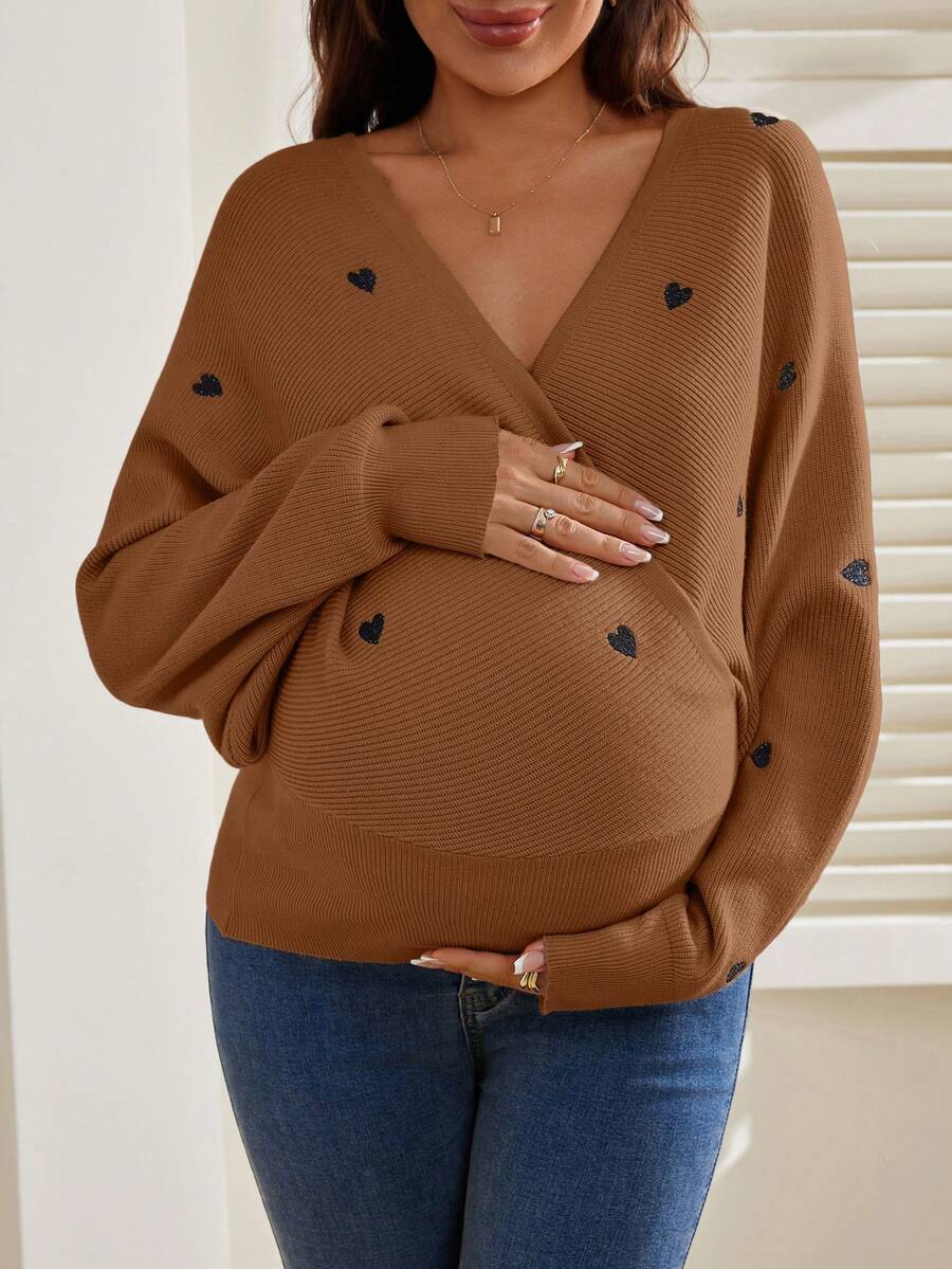 SHEIN Pregnant Women's Casual Heart Embroidery Batwing Sleeve Wrap Sweater, Autumn/Winter