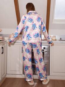 SHEIN SweetSlumber 可爱动物纹格子女士睡衣套装，长袖上衣和裤子，适合居家休闲和冬季穿着。 - 粉色 - 查看 2