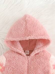 Cozy Pixies Bộ đồ liền thân dài tay có mũ trùm đầu họa tiết hoa vải nhung dày dặn cho bé gái màu tương phản - Hồng - Xem 3
