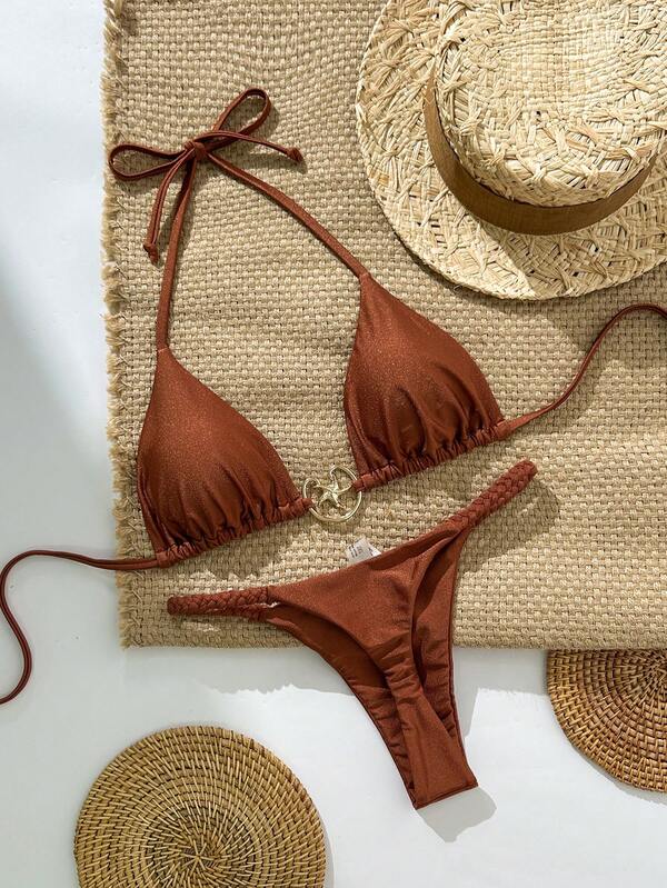 Swim Vcay Women's Solid Color Spaghetti Strap Metal Decor Thong Bikini 2-Piece Swimsuit Set, Summer Beach Holiday