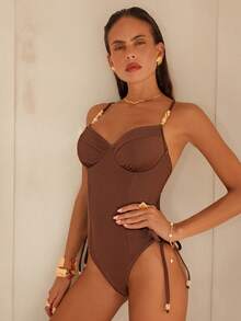 Swim Chiccia Swim Chic Sea-D 女士纯色钢带串珠交叉露背抽绳侧边连体泳衣 - 咖啡棕 - 查看 6