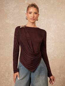 Lumalex Winter Fall Metal Decor Pleated Asymmetrical Hem Fitted Long Sleeve Women T-Shirt Luxury Prom Gathering Party Banquet Modest Old Money Coquette Glitter Holiday Party Rave Festival Outing Vacation Hot Outdoor Richly Layered Wedding Season Banquet ID Al-Adha Al-Adha Party New Year Looks Of Party Gala Night Party Dress For Autumn,Fall,Fall Clothes For Women