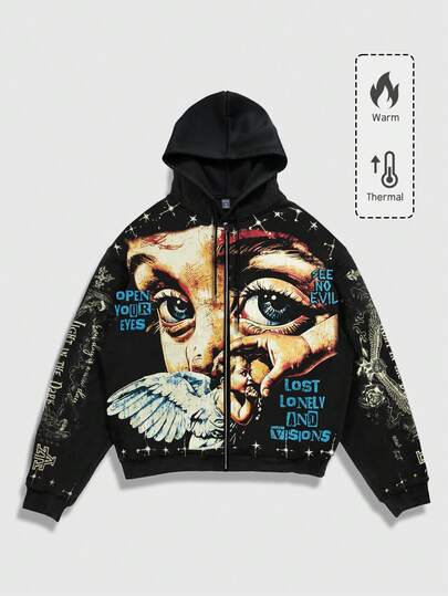 Street Life Felpa con cappuccio casual da uomo, con stampa di angelo di stradachiusura lampoip e coulisse, foderata in pile, adatta per l'autunno/inverno