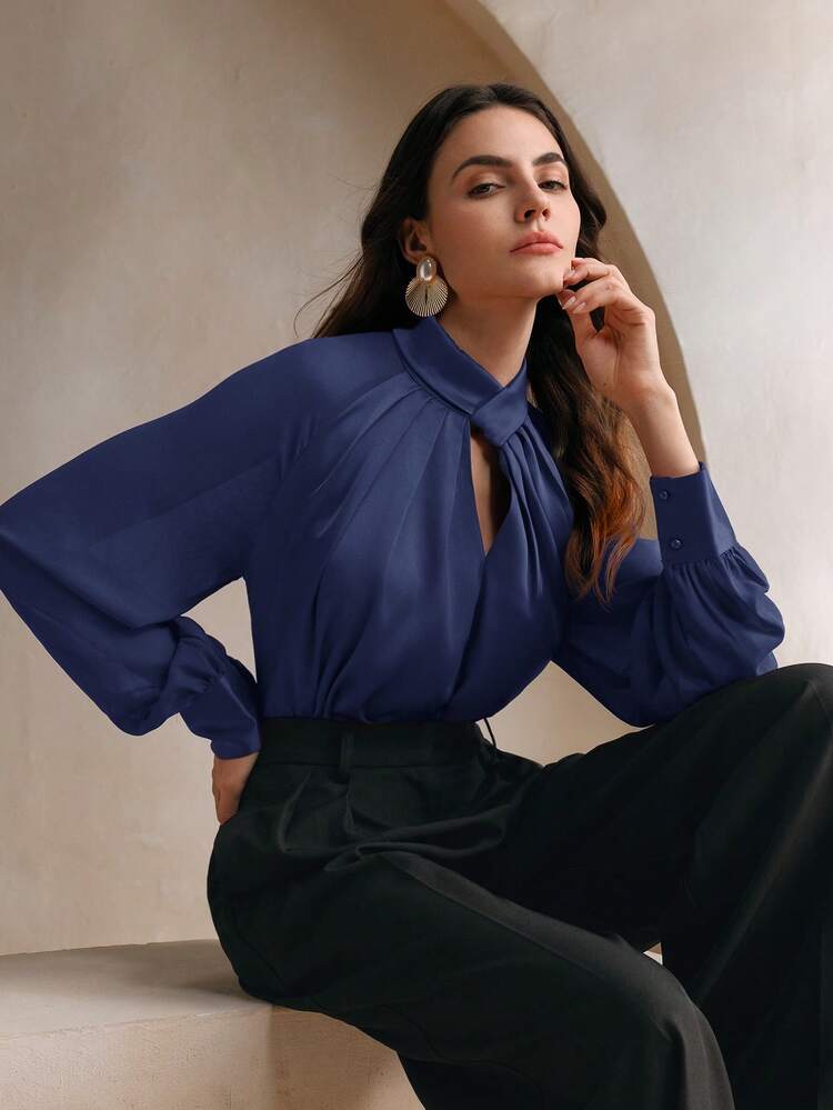 Anewsta Essential Black Modern Urban Hollow-Out Satin Long Sleeve Shirt