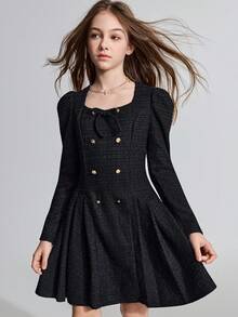 Ontre Tween Girl Black Chiffon Bow Gold Double-Breasted Pleated Dress - Black - View 5