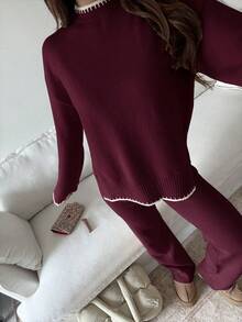 Sunnyshic 2 st set med långärmad tröja och byxor i kontrastfärgad färg för kvinnor - Bourgogne - Visa 5