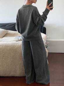 Livesso Ensemble deux pièces pull ample col V et pantalon, décontracté, automne pour femmes - Gris foncé - Voir 2