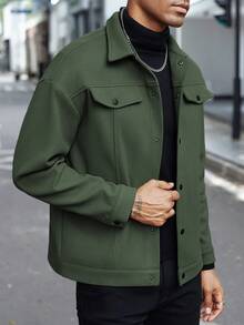 Manfinity Homme Áo khoác nam dài tay, màu trơn, cài một hàng khuy, kiểu dáng thường ngày, thích hợp cho mùa thu/đông. - xanh quân đội - Xem 3