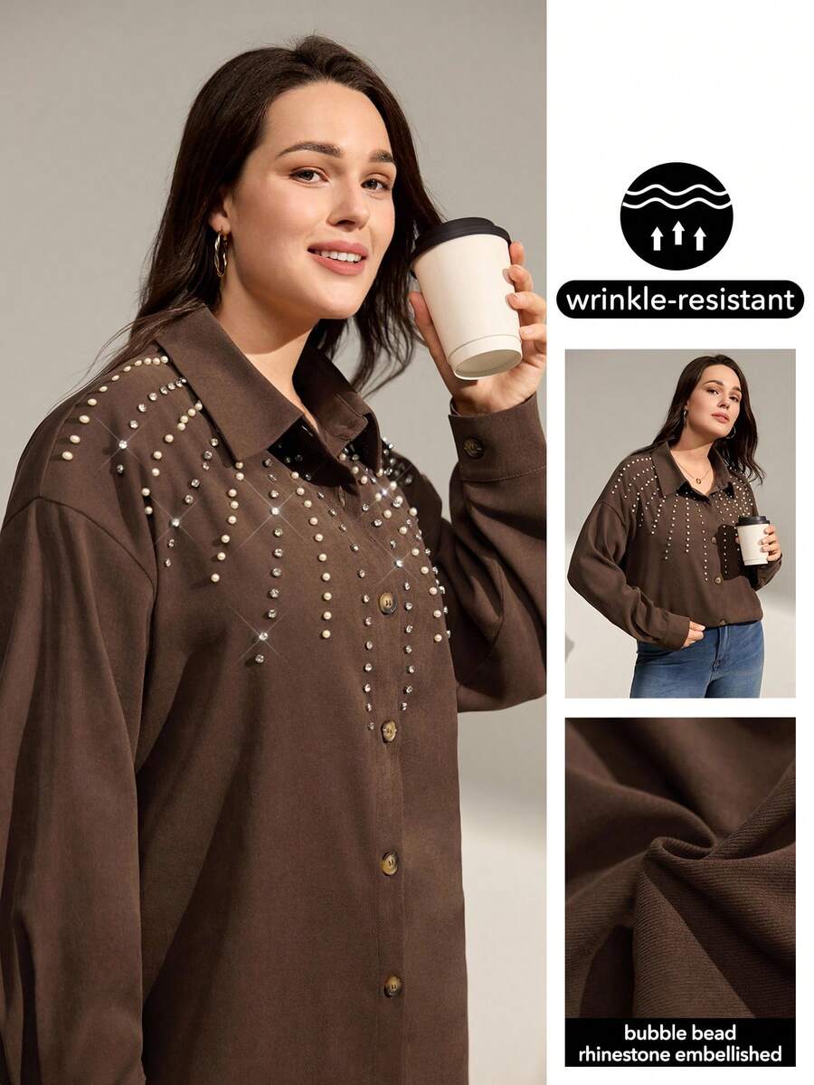 Momelise Plus Size Solid Color Bubble Bead & Rhinestone Embellished Business Casual Party Jacket, Autumn/Winter - Brown - View 1