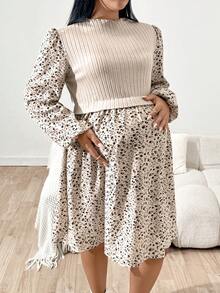 SHEIN Plus-Size Maternity Khaki Patchwork Floral Lantern Sleeve Casual Dress, Long-Sleeved Maternity Dress, Beige Maternity Dress, Women's Casual Dress, Beige Women's Dress.
