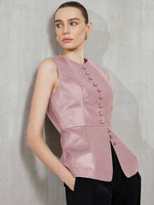 Aveloria Modichic Round Neck Button Waist Cinched Solid Color PU Sleeveless Commuter Jacket - Pink - View 5