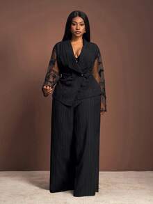 Veslaya Plus-Size Women's Winter Elegant Flared V-Neck Long Sleeve Unique Design Belted Lapel Blazer Set With Wide Leg Pants, Perfect For Christmas Outfits/New Year Wear/Thanksgiving Looks/Graceful Women's Fashion/Social Occasion Tops/Commute Attire/Daily Wear/Office Outfits/Formal Women's Wear - Black - View 4