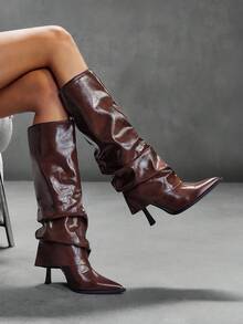 CUCCOO SZL 性感时尚褶皱筒身咖啡色尖头侧拉链女士过膝长靴 - 咖啡棕 - 查看 7