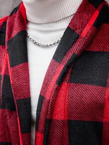 Manfinity CasualCool 男士休闲格子披肩领长袖抓绒外套，秋冬款 - 紅色 - 查看 7