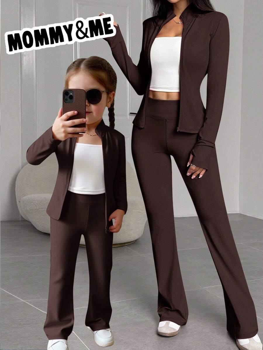 SHEIN Young Girl 2pcs Set Stand Collar Zipper Solid Color Long Sleeve Top And Long Pants,Pint,Great For Casual & Daily Wear & School Daily In Summer & Autumn - Brown - View 1