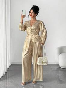 Elenzga Bộ 2 bộ đồ liền thân tay dài cổ chữ V họa tiết lá kim cỡ lớn dành cho nữ, mùa thu/đông - Vàng - Xem 5