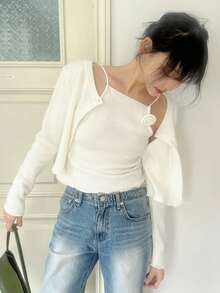 DAZY 2 Stücke Damen Rose Blumen Trägerhemd & Strickjacke Set, Herbst/Winter - Beige - Übersicht 11