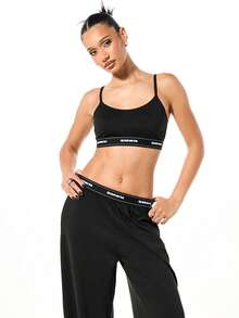 SUMWON WOMEN Women Branded Elastic Waistband Two Piece Lounge Set Wide Leg Pants Crop Top Casual Comfort Wear Loungewear - Black - View 5