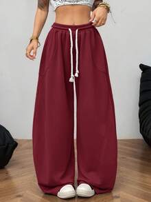 Coolane Quần Scimitar màu xám thoải mái, cạp chun co giãn, trang phục dạo phố mùa hè cho nữ - Màu Đỏ Sâu - Xem 5