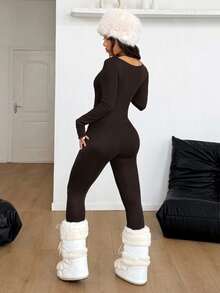 Coolane 女士冬季街头休闲运动滑雪服 保暖/寒冷天气/保暖弹力舒适黑色修身长袖方领长款保暖连体衣 - 棕色 - 查看 6