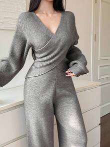 DAZY 女士优雅通勤交叉裹身毛衣和针织裤两件套