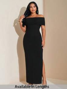 SHEIN Tall CURVE 大码露肩高开衩长裙，轻盈飘逸，优雅迷人，适合婚礼季，性感时尚 - 黑色 - 查看 1