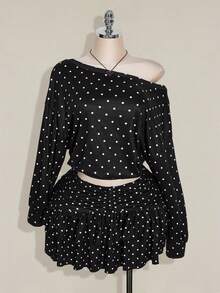 SHEIN ICON 大码女式复古休闲性感 Y2K 波尔卡圆点图案分层蛋糕迷你裙 - 黑與白 - 查看 7