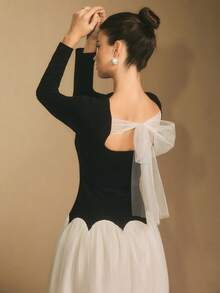 Poéselle Women's Mesh Patchwork Contrast Color Backless Elegant Long Sleeve Dress French Style Dress Women Clothing Elegant Dress Modest White Bow Back Dress Party Dress,Dresses For Women Elegant