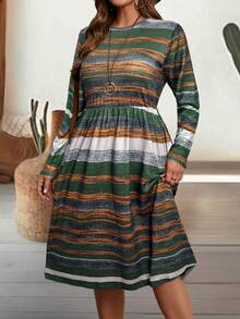 EMERY ROSE 大码女式秋季长袖条纹连衣裙 - 彩色 - 查看 5