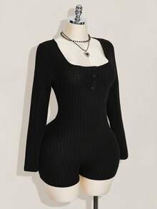 SHEIN ICON Bộ đồ liền thân tay dài cổ lọ màu đen cổ điển thường ngày cỡ lớn dành cho nữ, mùa thu/đông - màu đen - Xem 5