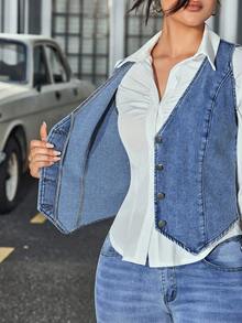 SHEIN Tall Veste en jean décontractée à col en V et simple boutonnage pour femmes, automne - Bleu azur - Voir 8
