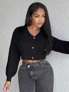 Solid Drop Shoulder Button Up Crop Cardigan,Long Sleeve Tops,Knitted Sweater In Fall/Winter - Black - View 5