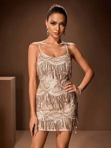 SHEIN Glamour 女士性感亮片流苏紧身吊带裙，夏季 - 香檳色 - 查看 3