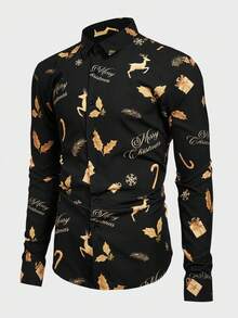 Manfinity VCAY Men Leaf & Deer All-Over Print Front Button Casual Long Sleeve Shirt, Christmas Long Sleeve Button Up Black Shirt, New Year Glamour - Black - View 9