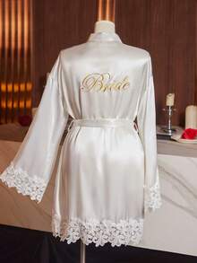 SilkySpell Plus Size Valentine's Day Lace Trim Embroidered Sexy Solid Color Satin Women Robe, For Fall & Winter - White - View 8