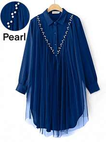 SHEIN Clasi 大码秋季休闲撞色网纱仿珍珠装饰领连衣裙 - 水鴨藍 - 查看 1