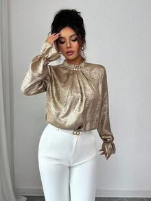 Elenzga Camicetta elegante e lussuosa da donna taglie forti con riflessi dorati, collo con volant, decorazione in perle, spacco sul retro, polsini con volant, vestibilità lunga e morbida, casual, adatta per primavera/autunno