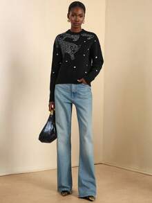 Lyxana Leopard Polka Dot Jacquard Knit Pullover Sweater, Loose Fit Round Neck Long Sleeve, Fashionable & Elegant Daily Wear For Women, Autumn/Winter - Multicolor - View 4