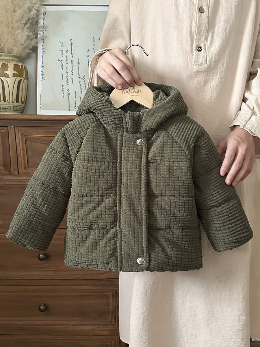 SHEIN Vintaside Kids 女婴冬季长袖连帽外套,可爱时尚,百搭实用,是户外旅行的理想之选,保暖性能出色,时尚又实用。 - 軍綠色 - 查看 1