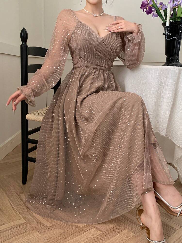 Champagne Color Long Evening Dress, High-End French Style, Suitable For Dates And Formal Occasions, Spring/Summer Prom Dress Sequin Elegant Women Dresses Sparkly Dress Maxi Dress